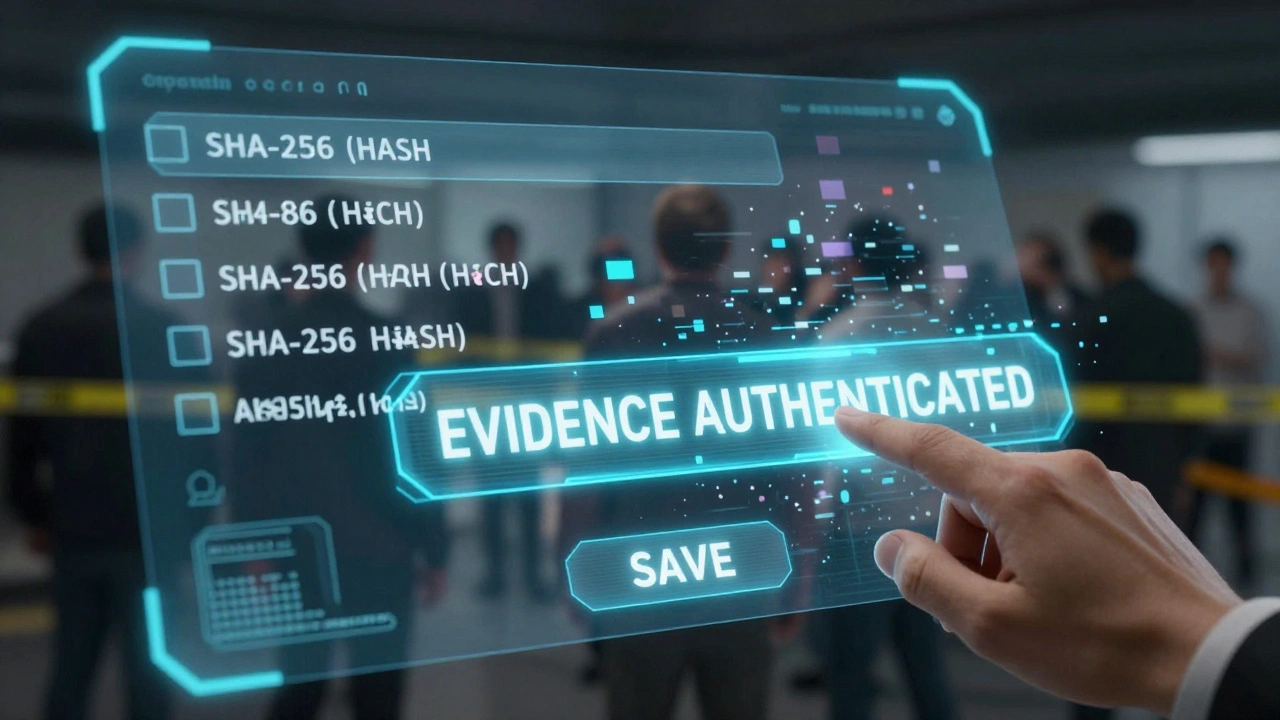 A digital evidence system with mandatory fields for metadata and AI disclosure, showing authentication confirmation.