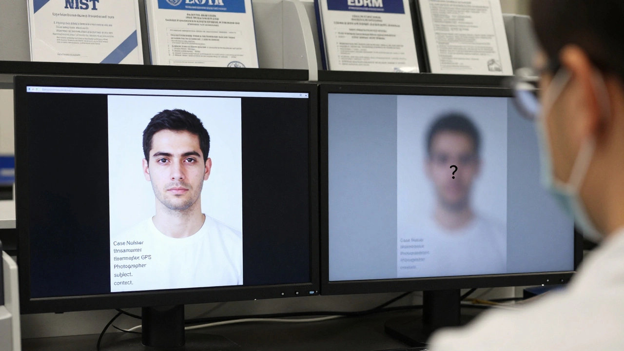 A forensic technician comparing a properly labeled photo with a poorly labeled one on a split-screen monitor.