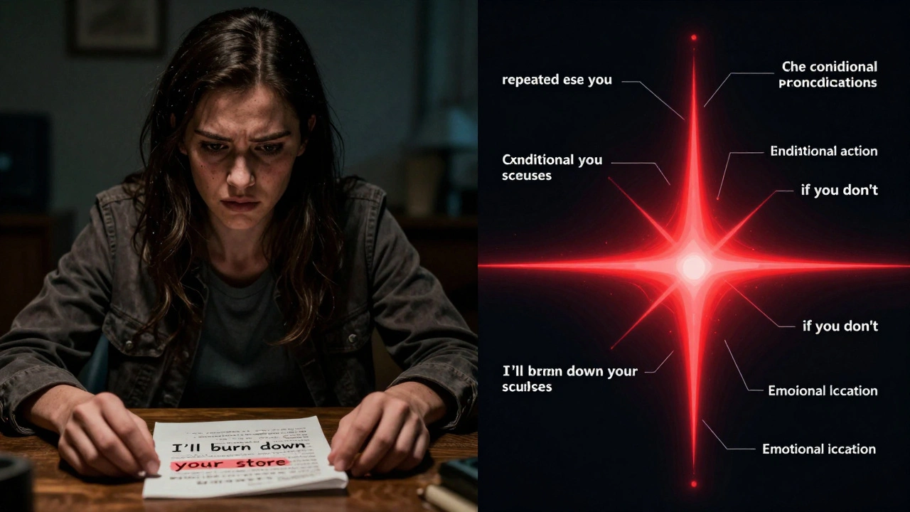 A victim stares at a threatening note while a digital heatmap reveals linguistic patterns like repeated use of 'you' and conditional threats.