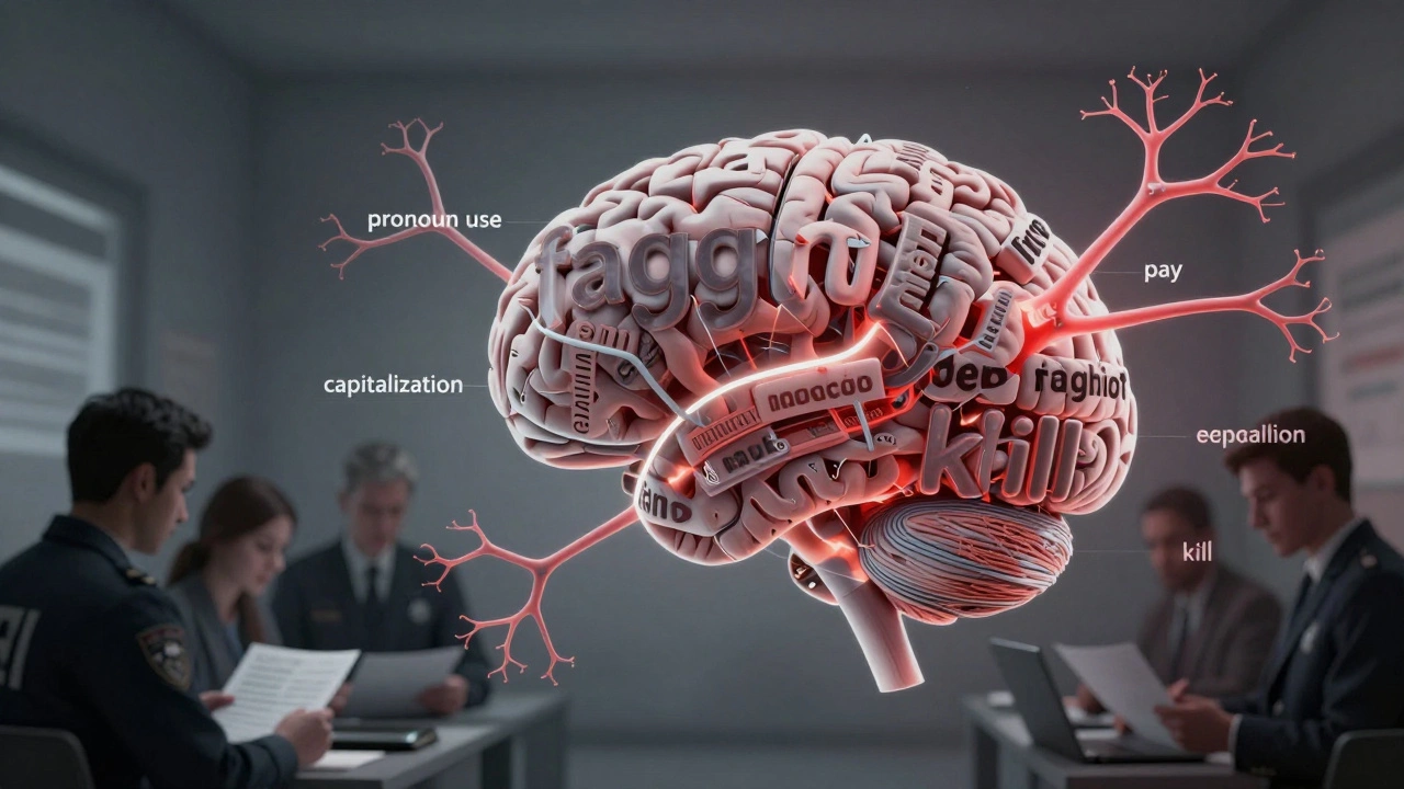 An abstract brain composed of threatening words and linguistic markers, symbolizing how language reveals intent and identity.