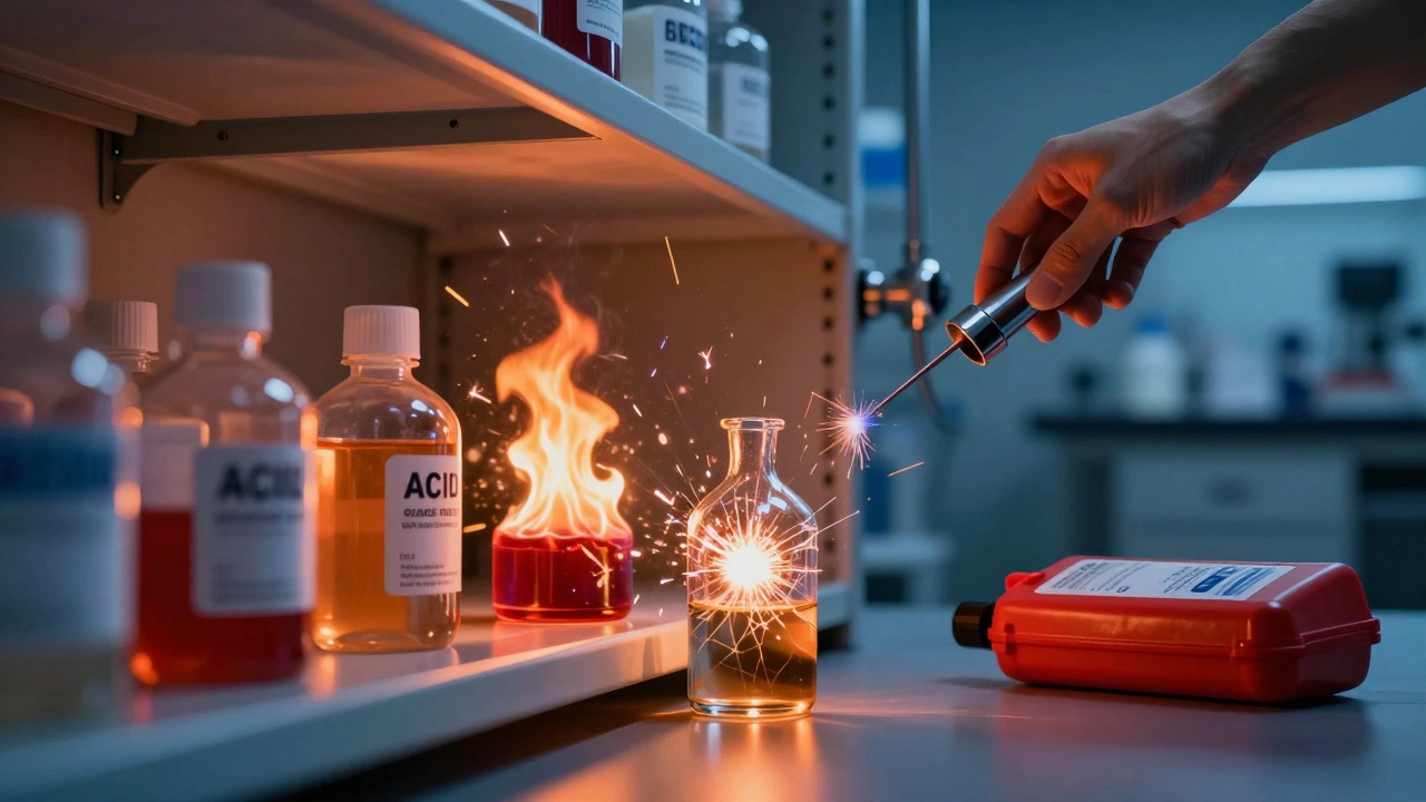 Chemical spill leading to fire due to improper storage of incompatible substances in a lab.