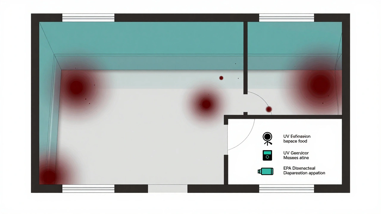 Color-coded map showing contamination zones in walls, subfloor, and baseboards of a home.