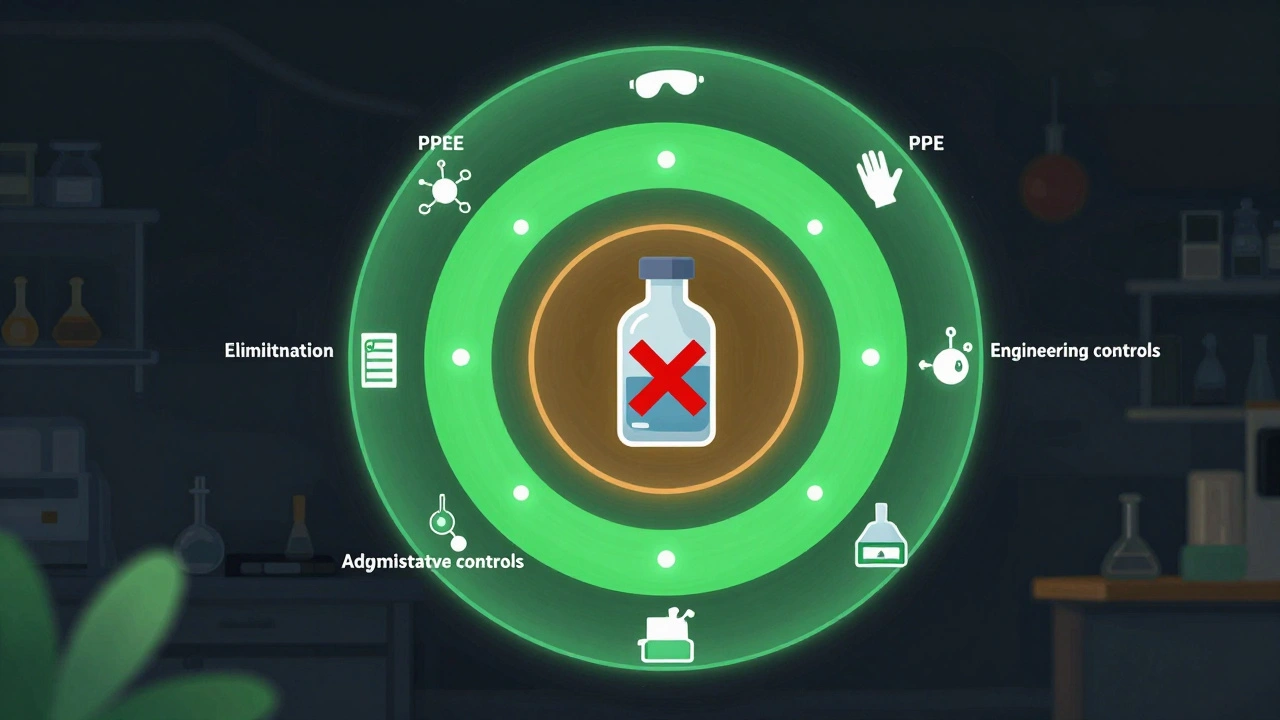 Layered visual representation of lab safety hierarchy from elimination to personal protective equipment.