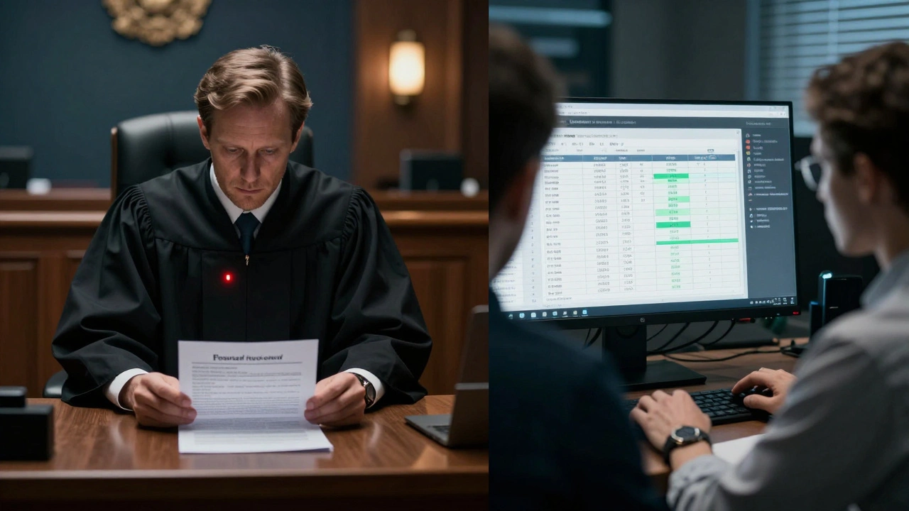 A courtroom and QA review room side by side, showing how a single data error can impact justice.