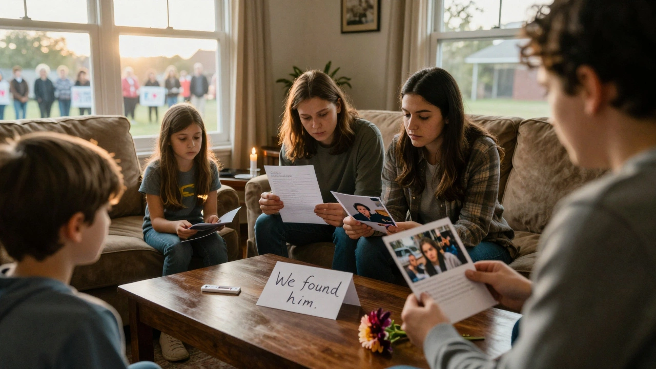 A family holds a detective's letter and DNA test kit in a sunlit room, with a community vigil visible outside.