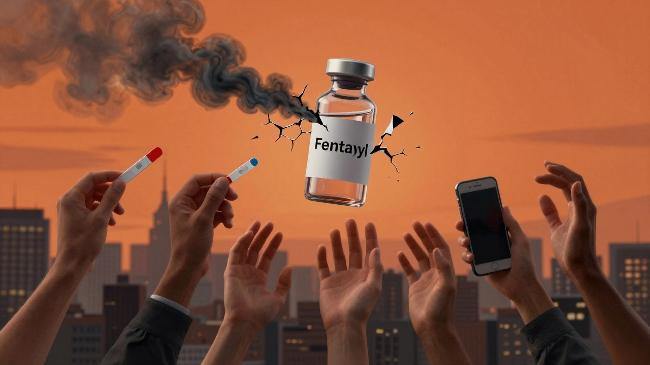 A leaking vial of fentanyl hovers over a city as diverse hands reach toward detection tools and help.