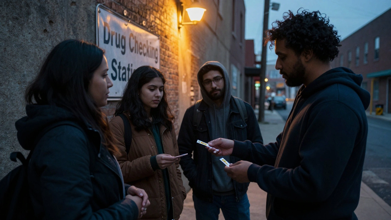 A peer educator distributes fentanyl test strips to individuals in an urban alley at dusk.