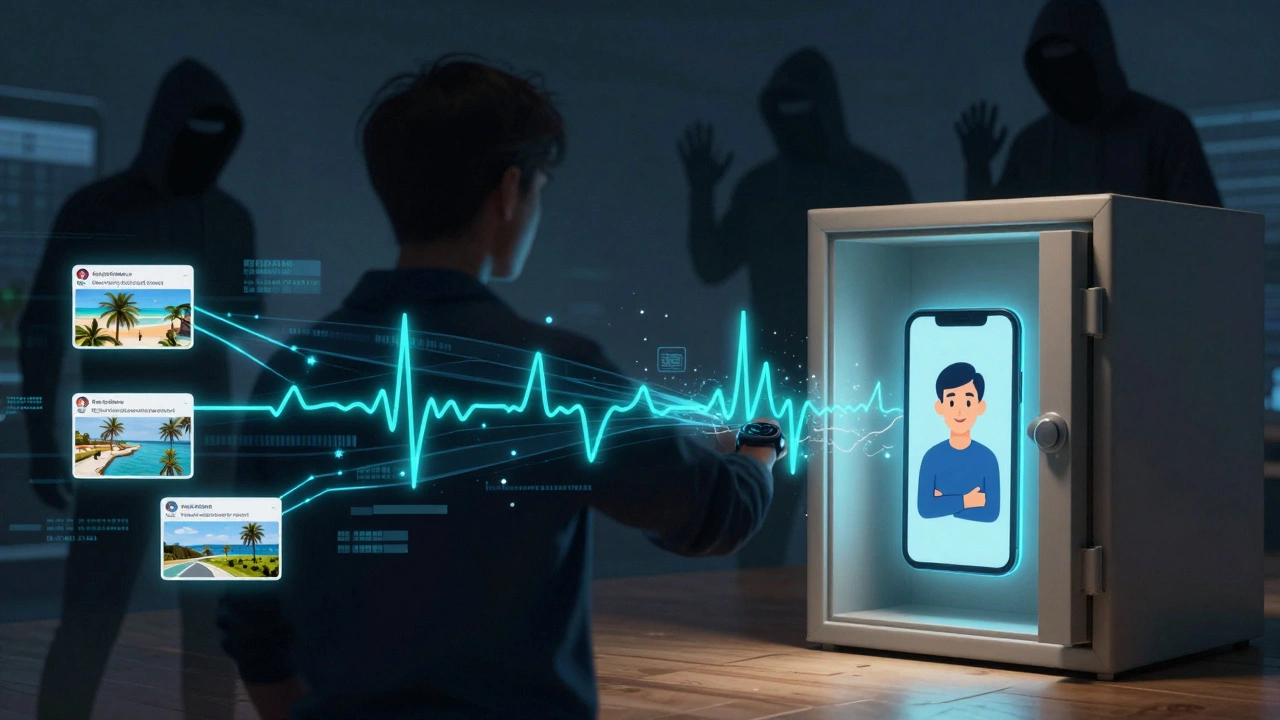 A person's silhouette with digital data streams around them, while shadowy cybercriminals watch and a friend's avatar offers protection.