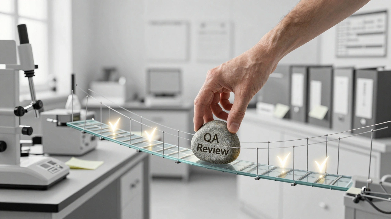 A symbolic glass bridge being strengthened by a QA review, connecting disarray to order with glowing verification runes.