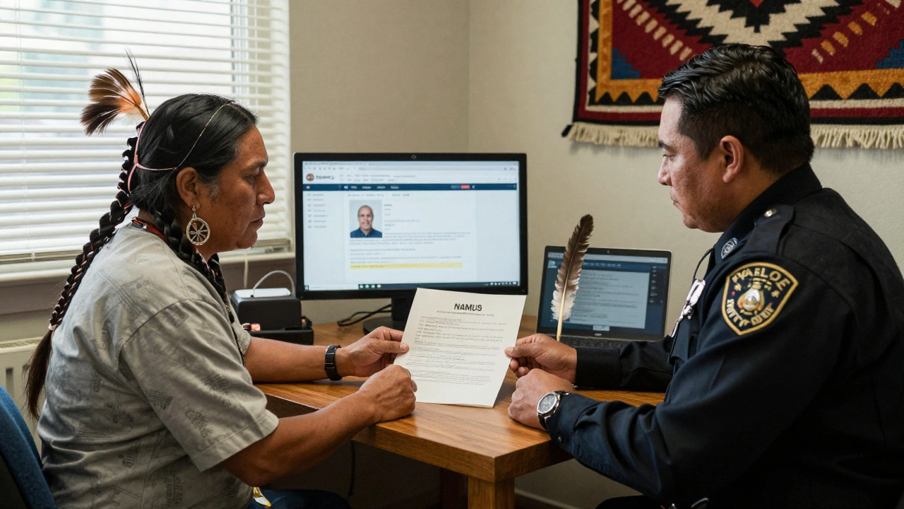 A tribal officer and federal investigator reviewing a case file together, with a NamUs dashboard visible on a monitor behind them.
