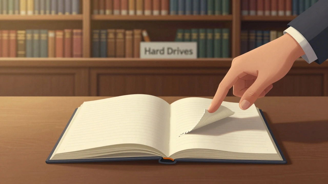 An open notebook shows a torn page's imprint beneath the next page, symbolizing recovered digital files in a courtroom setting.