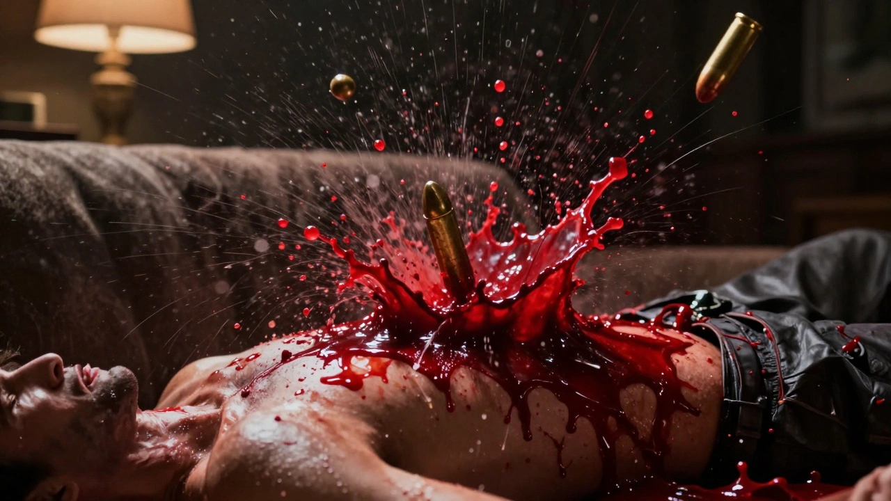 Blood mist exploding from a gunshot wound, droplets striking furniture and footwear in slow motion.