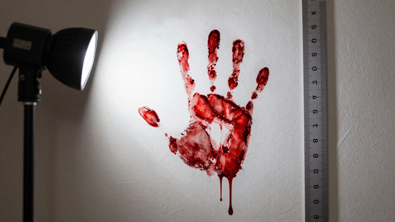 Bloody handprint on a wall with scale ruler for forensic documentation.