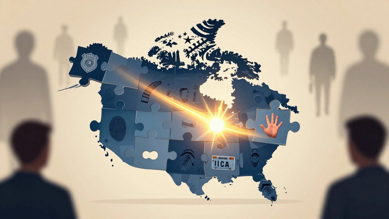 Colorful puzzle pieces forming North America, each symbolizing a missing persons data system, with light connecting them to restore identity.