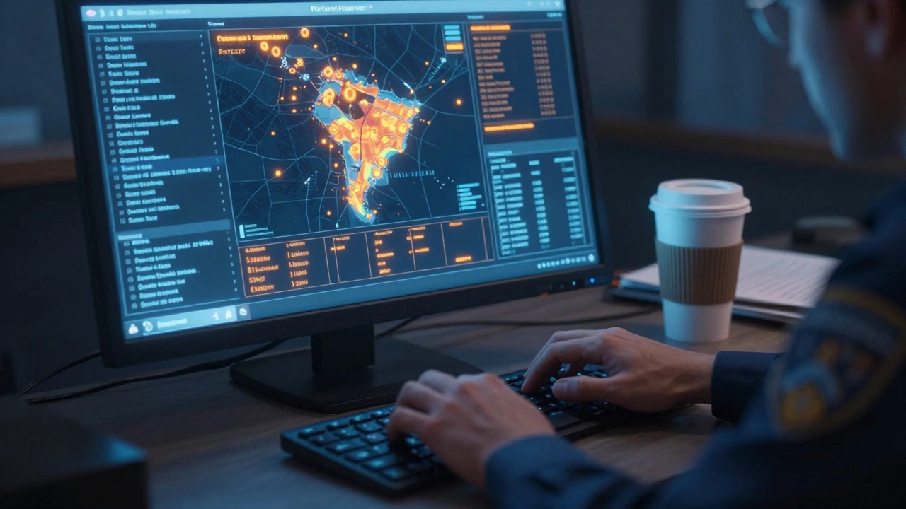 Detective uses eTrace system on computer, displaying gun trace data and geographic patterns.