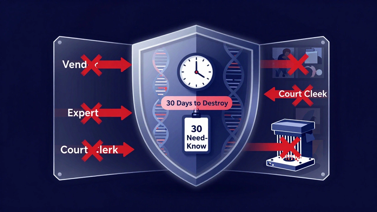 Digital shield protecting sensitive forensic data with access controls and destruction timeline.