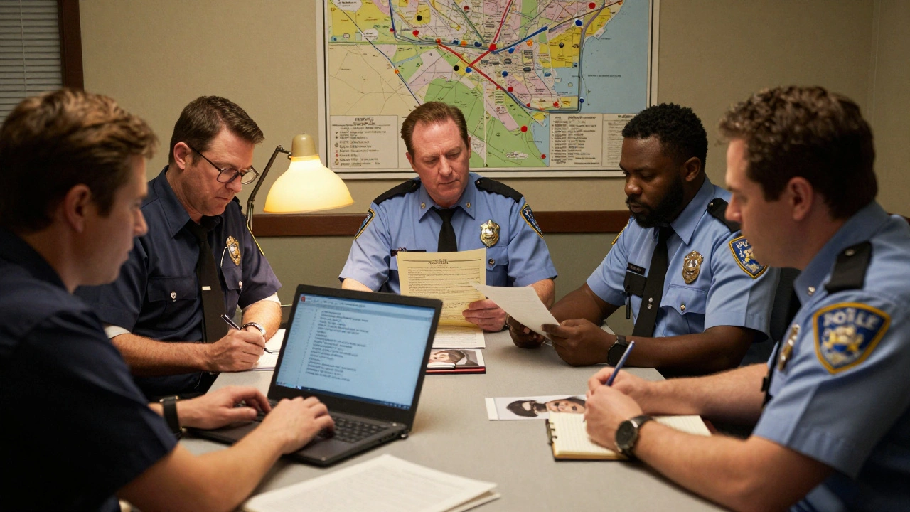 Investigators analyzing a genetic genealogy tree and cold case files in a small police station.