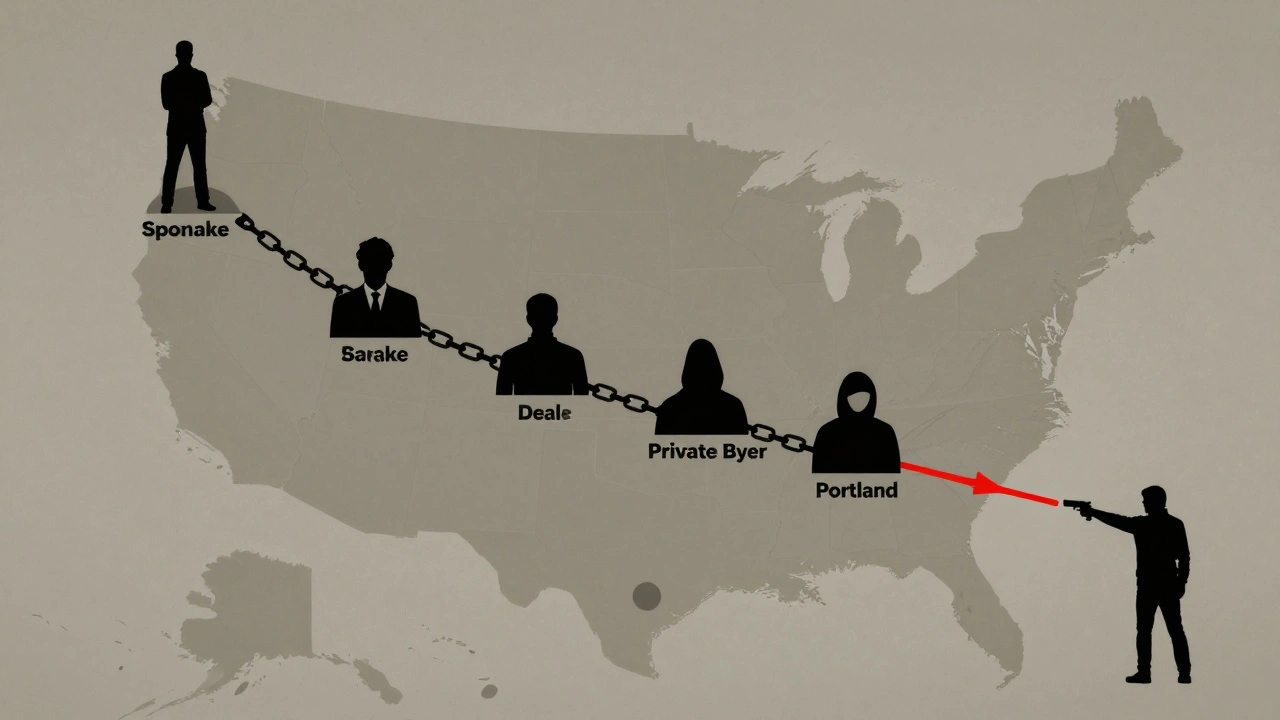 Map showing chain of firearm transfers from dealer to crime scene across U.S. states.