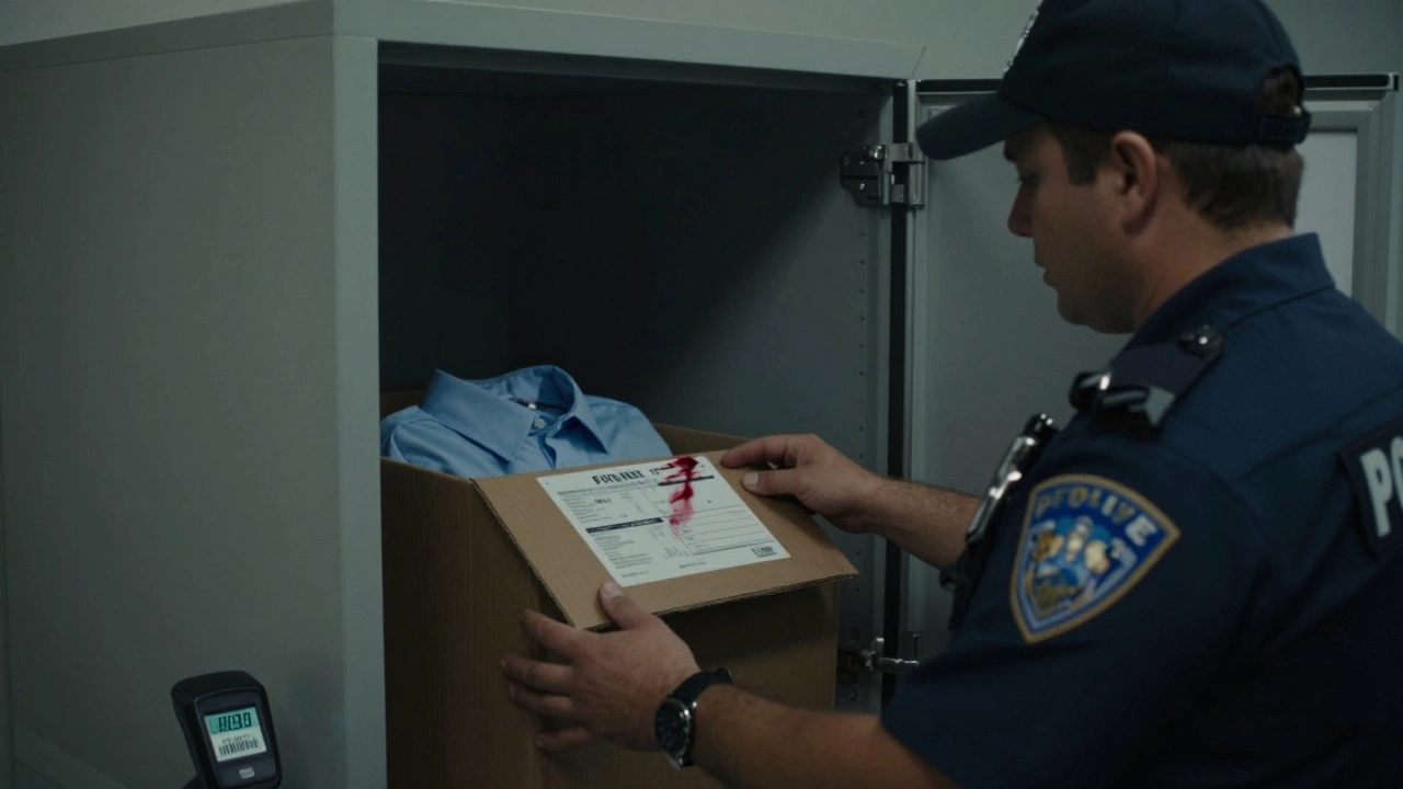 Police officer using a secure after-hours evidence dropbox at night.
