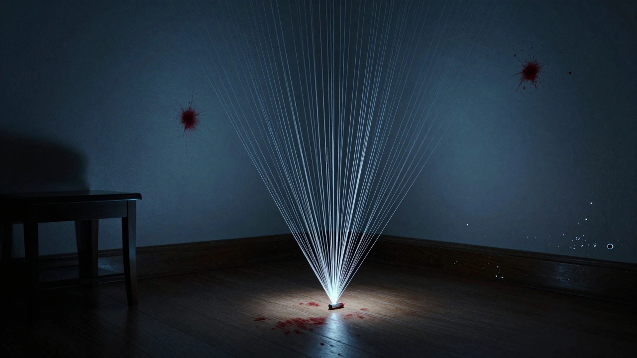 Stringing technique showing converging threads from bloodstains pointing to a bullet casing on the floor.