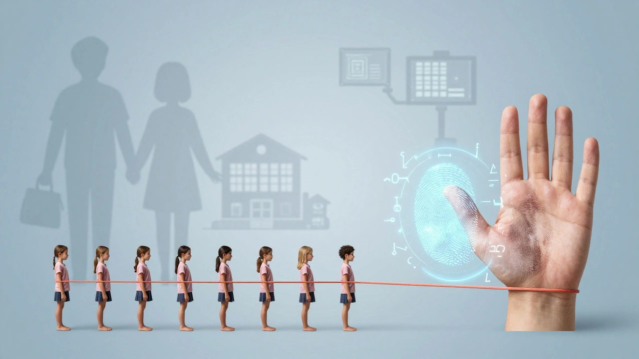 A child's fingerprint stretching over time as an algorithm adjusts it to match future adult patterns.