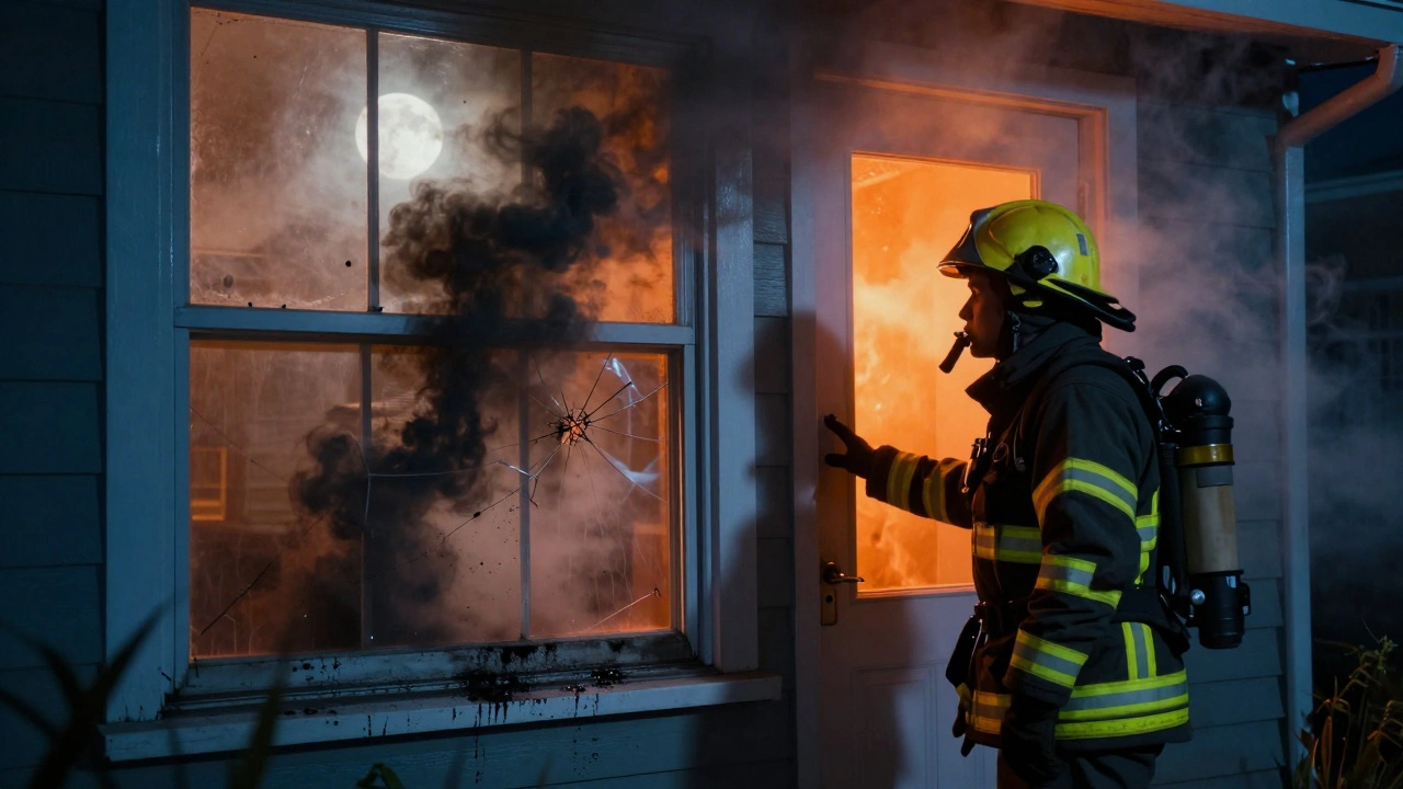 A firefighter observing pulsing black smoke and blackened windows from outside a burning home, indicating potential backdraft.