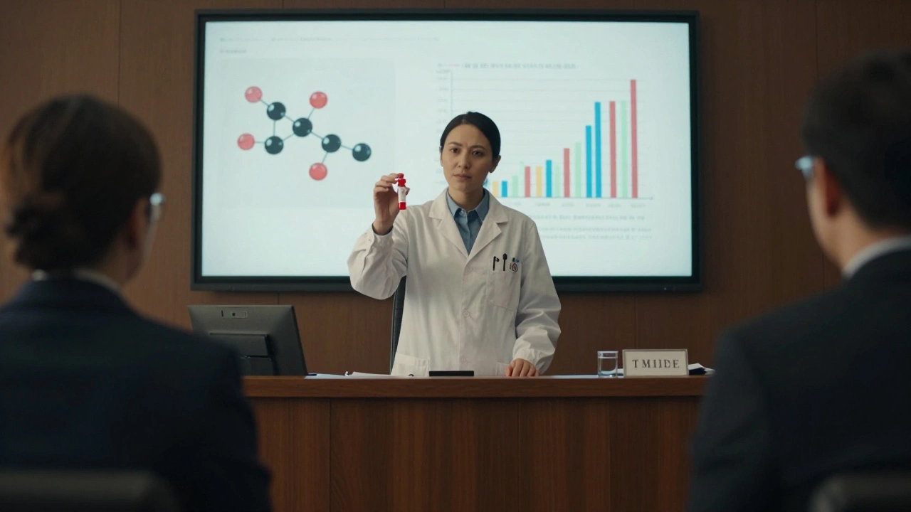 A forensic toxicologist testifying in court, holding a blood sample vial as a jury listens intently.