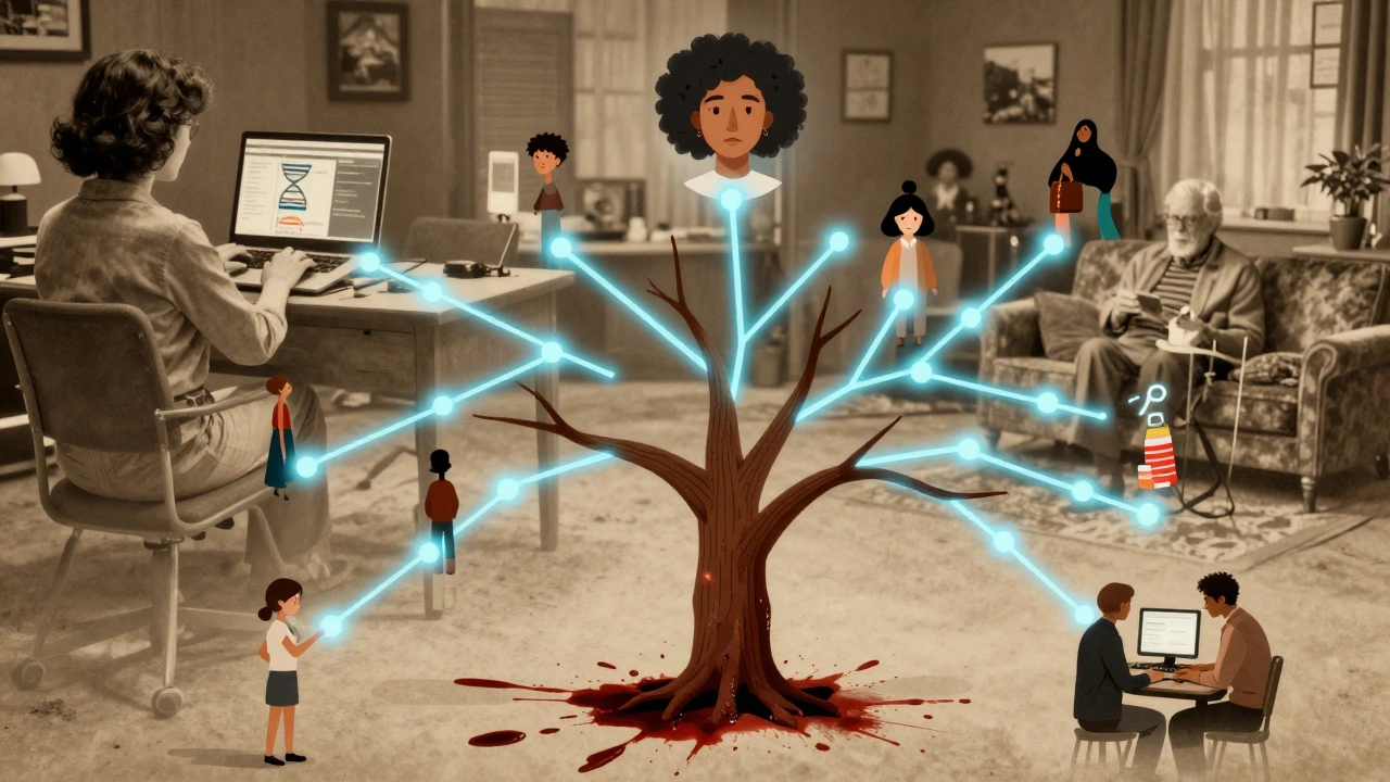 A glowing family tree radiating from an old bloodstain, connecting to distant relatives in various settings.