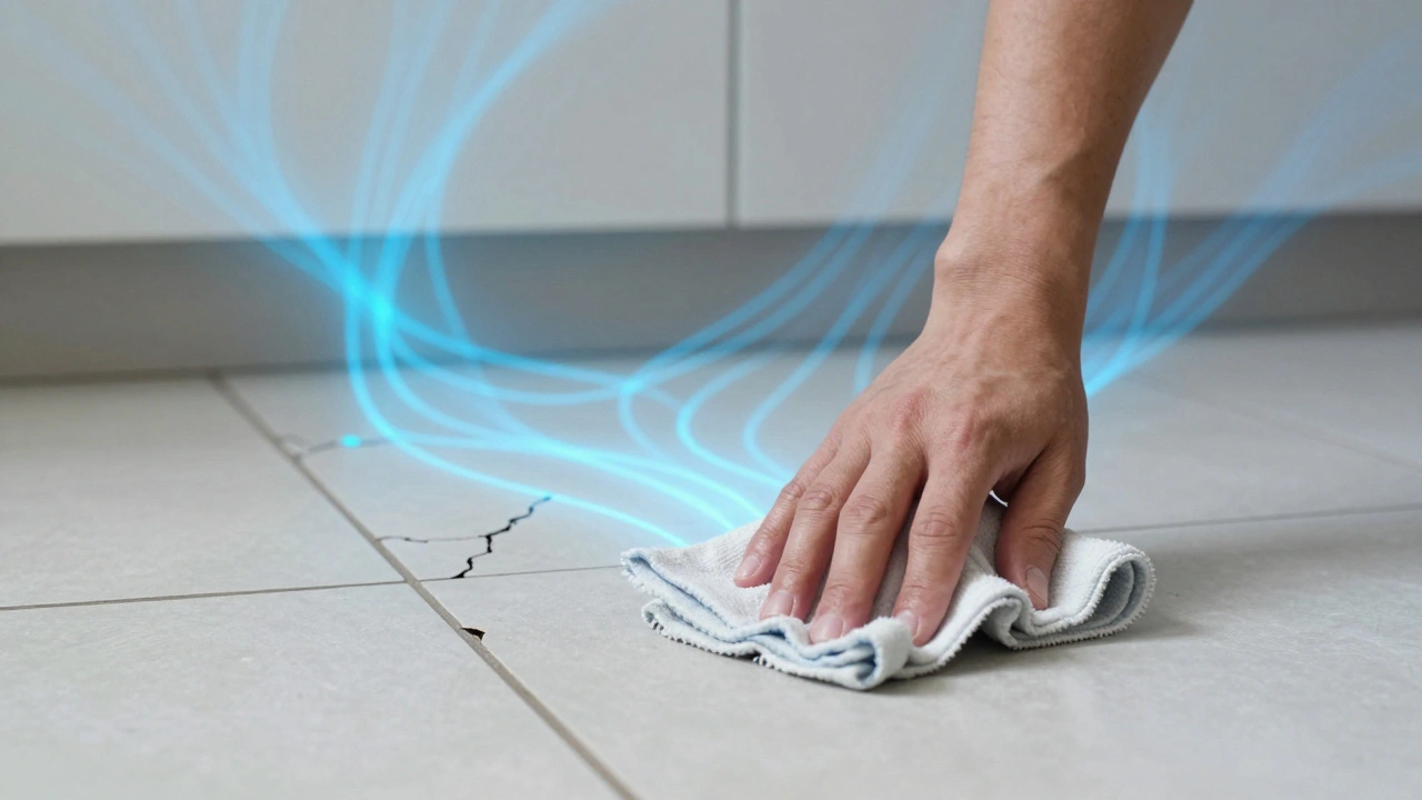 A hand wiping a floor while ghostly blue blood trails emerge from cracks and edges, symbolizing hidden evidence.