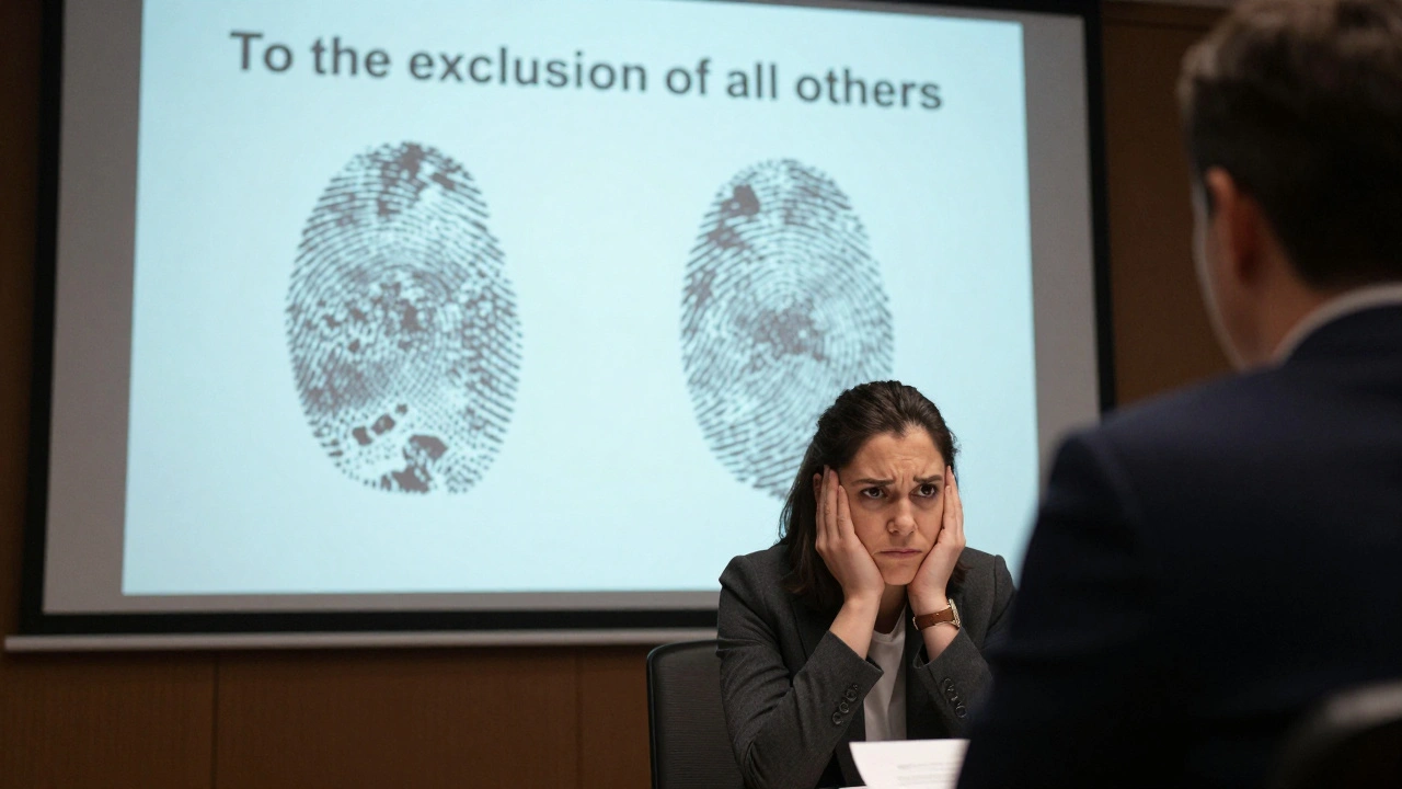 A juror listening skeptically as an expert testifies using 'to the exclusion of all others' language.