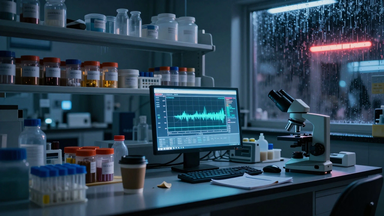 A quiet forensic lab at night, glowing monitor displays a fentanyl detection graph amid empty coffee cups and sample vials.