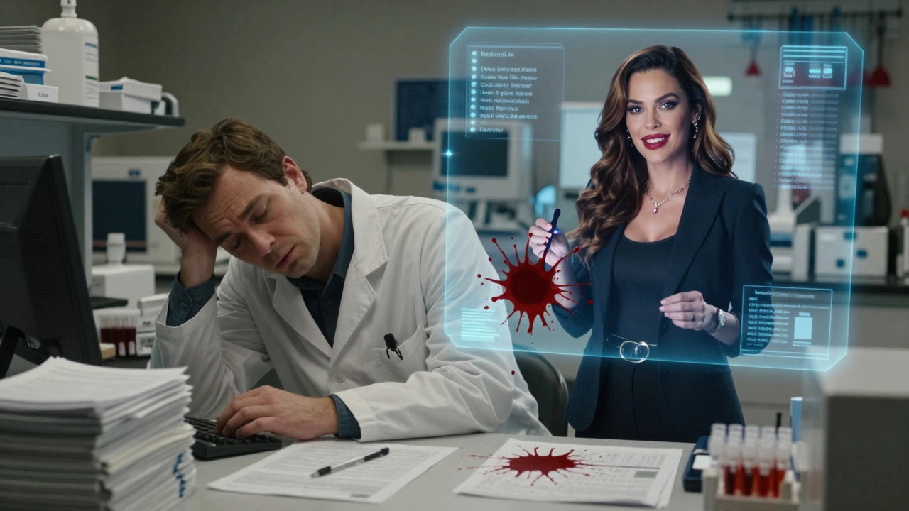 A real forensic technician beside a hologram of a fictional CSI investigator.