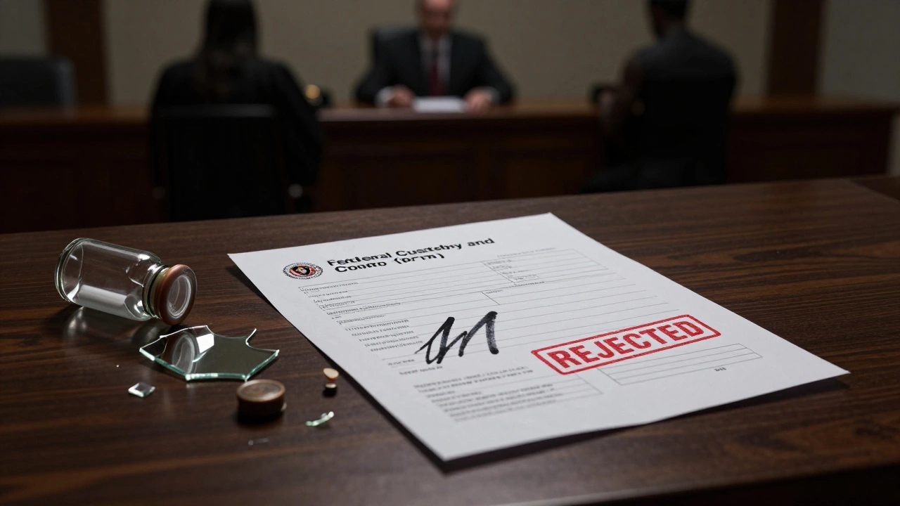 A rejected Chain of Custody form with smudged signature and broken seal, symbolizing legal consequences.