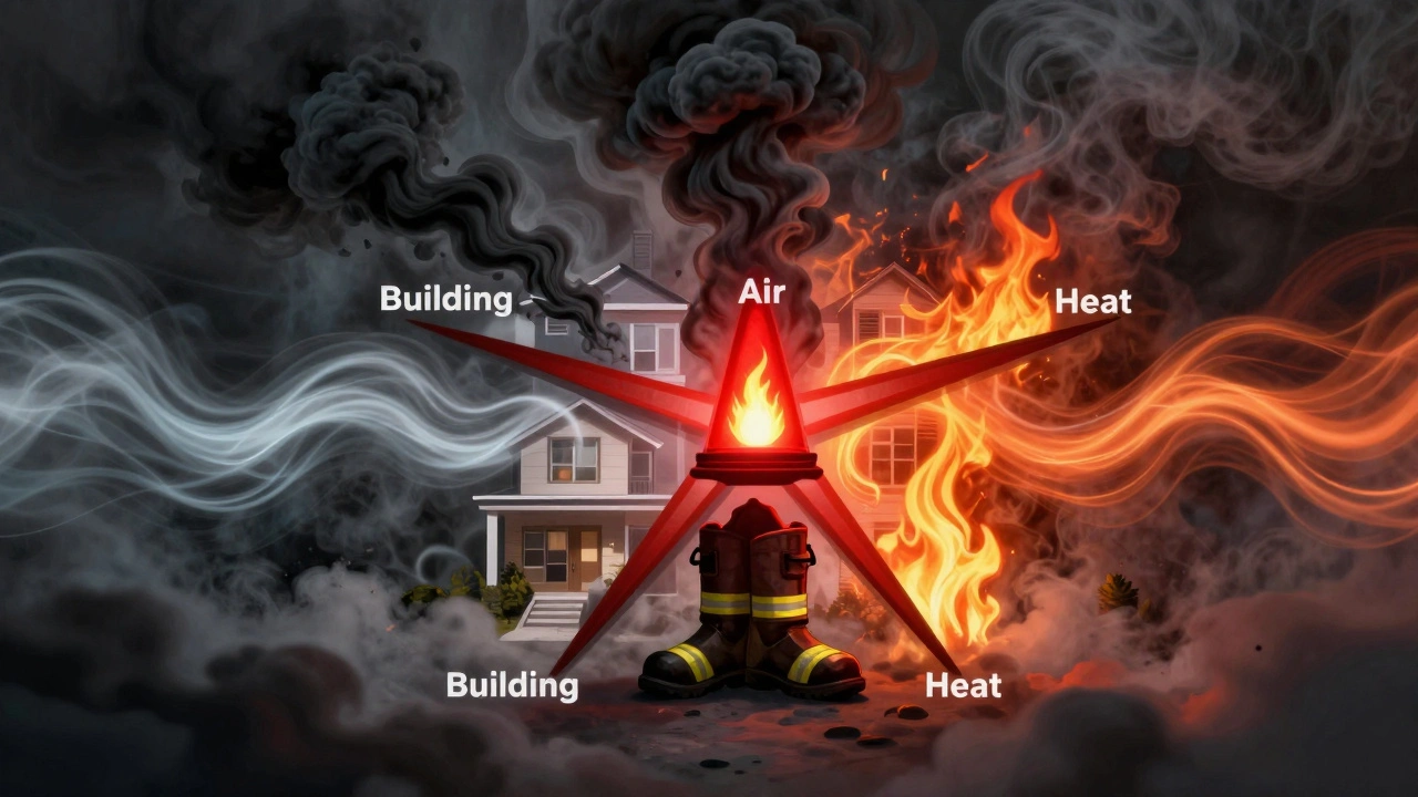 A symbolic five-point emblem representing B-SAHF fire behavior indicators, with smoke, heat, and air currents converging into a warning signal.