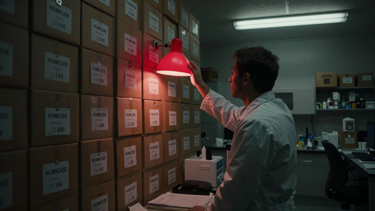 A tired technician surrounded by unprocessed evidence boxes in a dim lab at night.