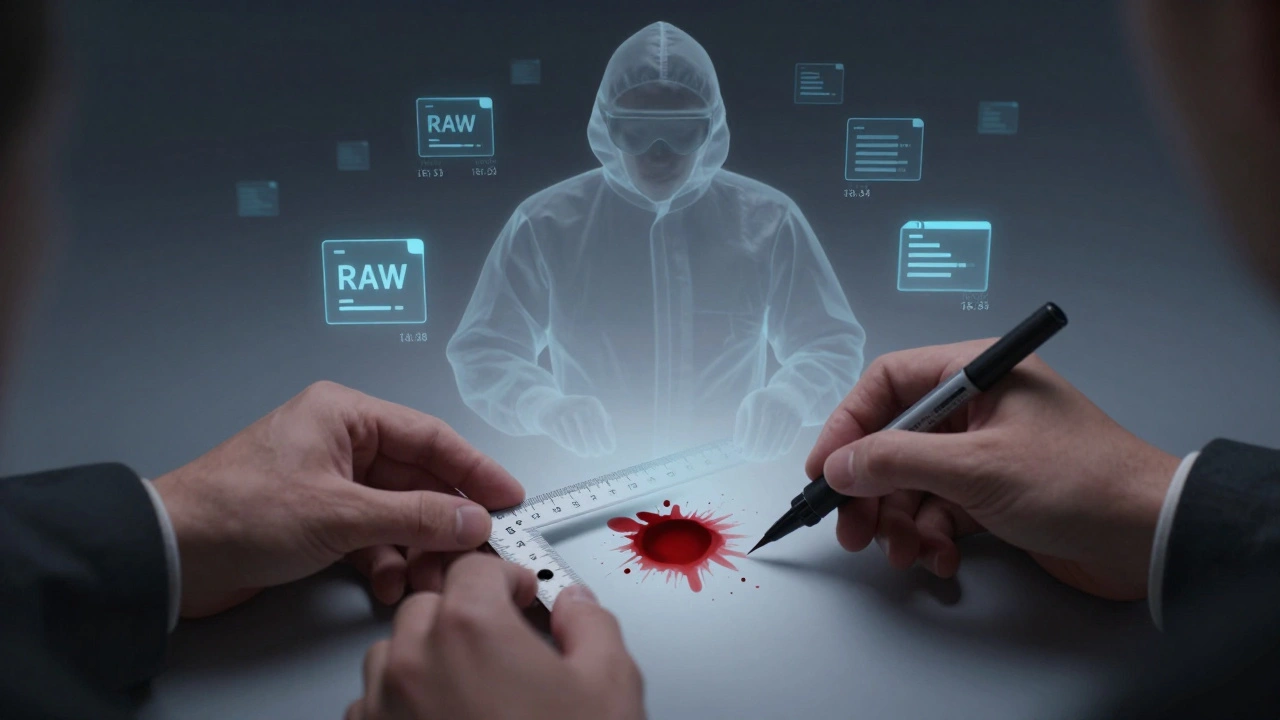 A translucent ghost image of an unmarked bloodstain hovers above the same stain with a ruler and marker, symbolizing the critical 'before' documentation step.