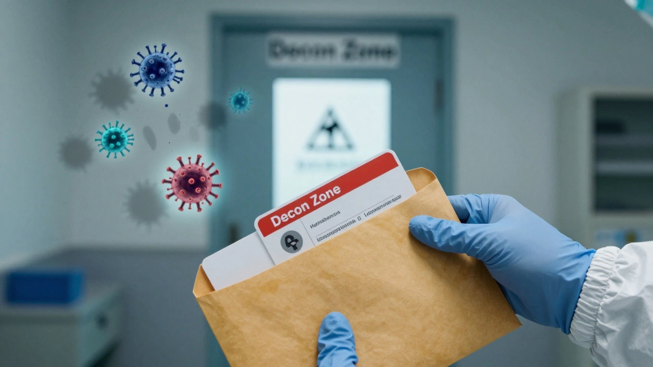 A worker's hand placing a medical alert card into an envelope, surrounded by floating pathogen icons in a decon zone.