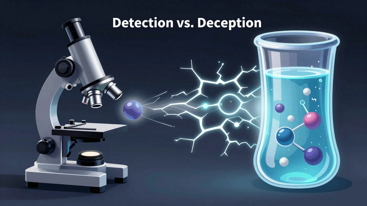 Abstract battle between natural and synthetic urine molecules under microscopic view.