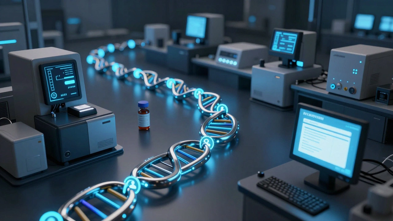 Abstract digital audit trail connecting lab equipment with encrypted timestamps and user IDs.