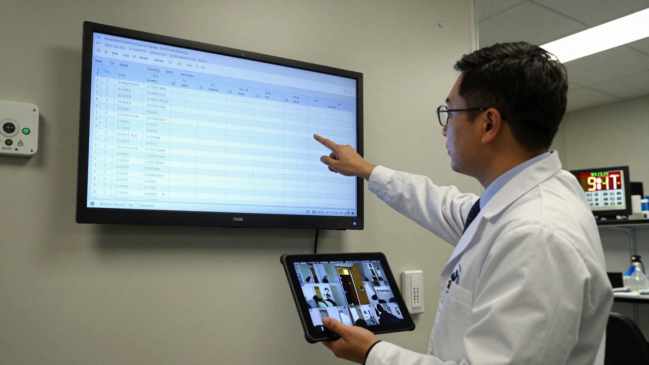 Accreditation inspector reviewing digital access logs and time-stamped CCTV footage in a forensic lab's evidence storage area.
