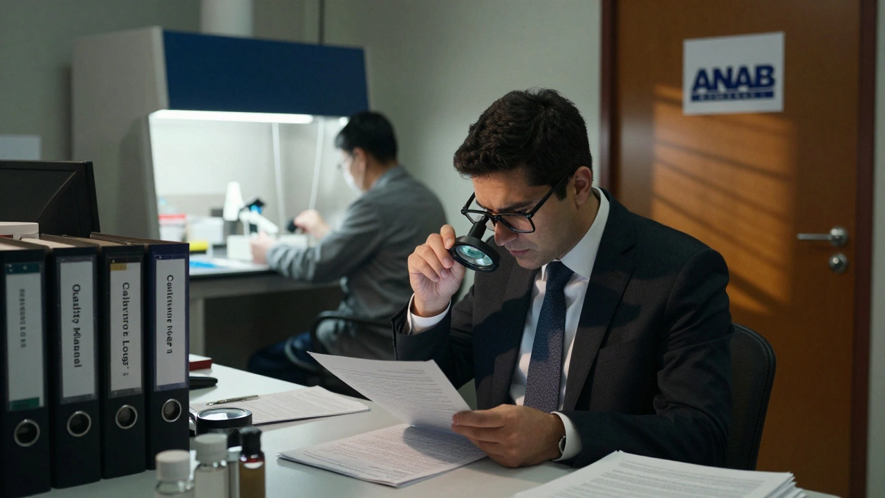 An accreditation auditor reviewing lab records while a forensic analyst works in the background, ANAB logo visible on the door.