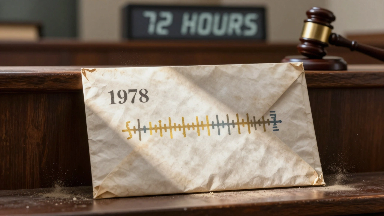 An old evidence envelope opening to reveal a projected genome sequence amidst forgotten case files.