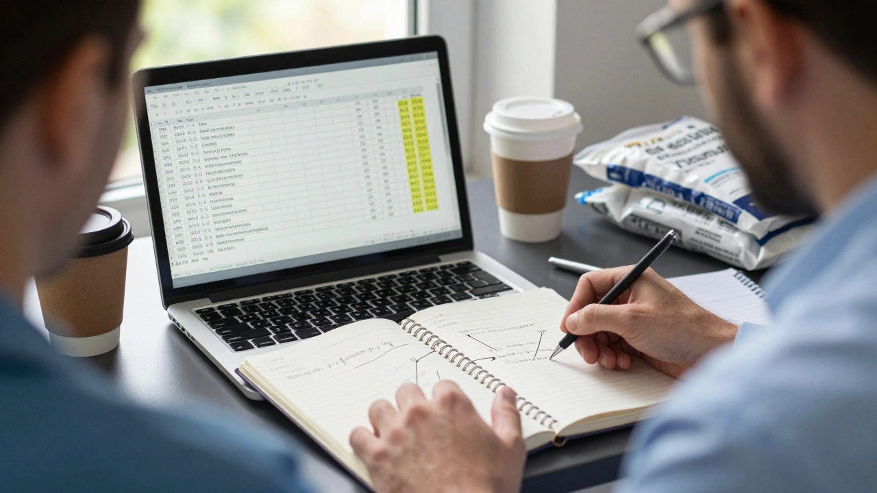 Analyst manually documenting evidence connections using a notebook and spreadsheet in a well-lit room.