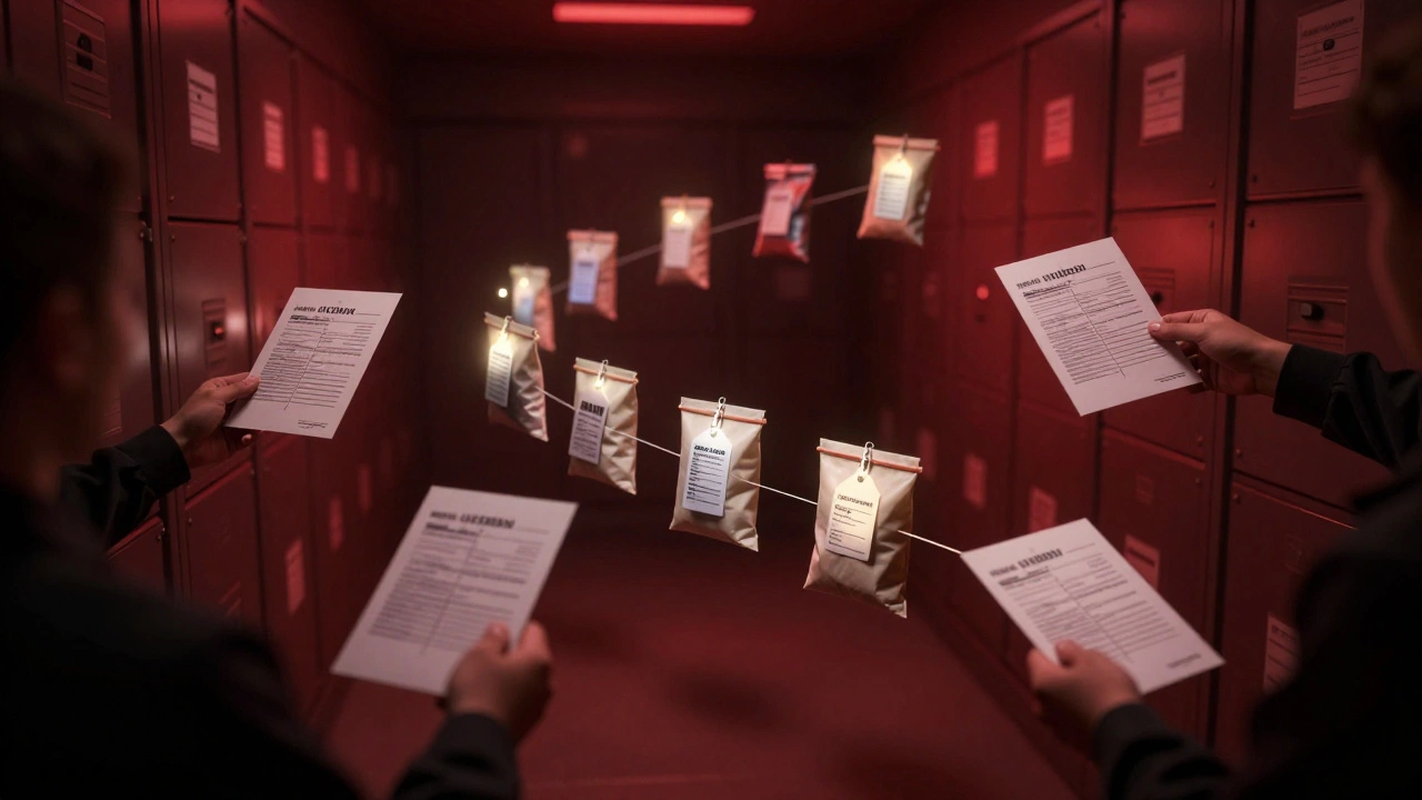 Chain of custody represented as connected evidence bags with signed labels in storage room.