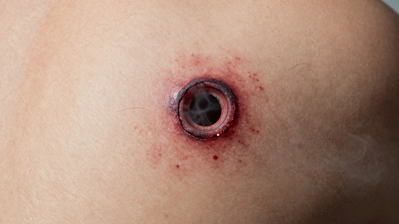 Close-range gunshot wound showing soot ring and stippling abrasions on skin.