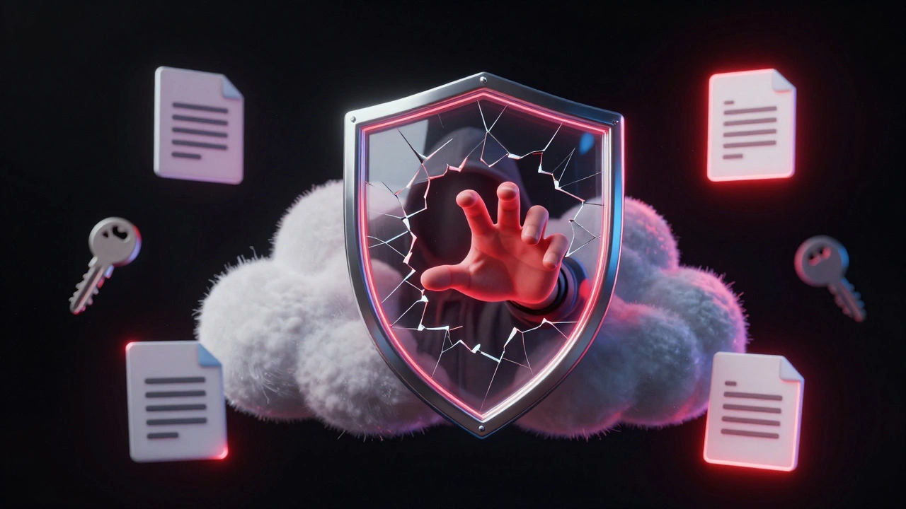 Cloud storage bucket with a cracked shield revealing an attacker accessing it due to misconfiguration.