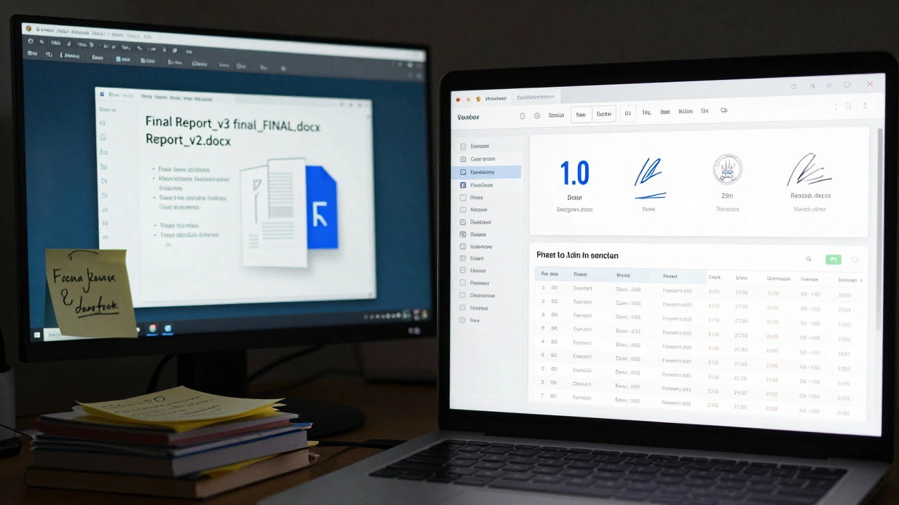 Cluttered desk with conflicting file versions compared to a clean digital audit dashboard.