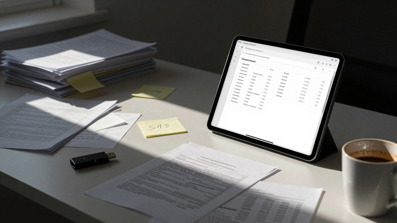 Cluttered paper files beside a clean digital case management interface, symbolizing old vs. modern practices.