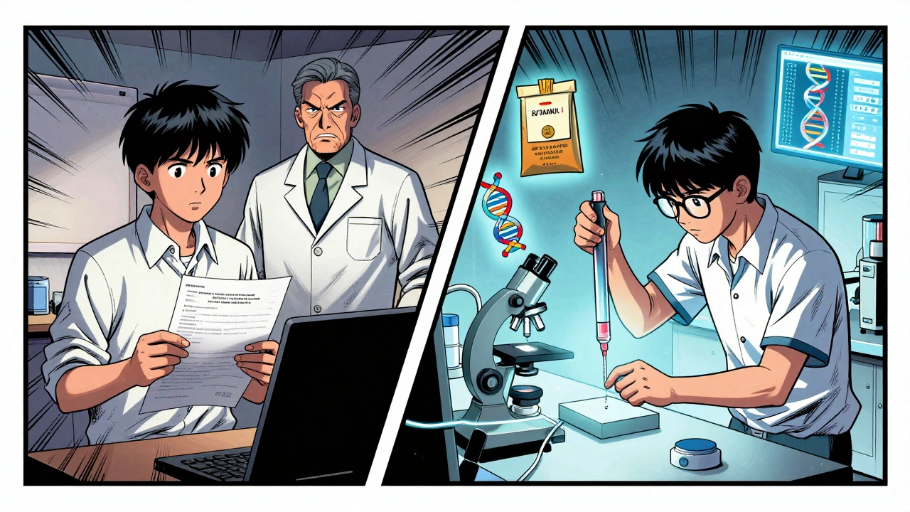 Comic-style split scene showing a student's journey from nervous applicant to confident lab technician.