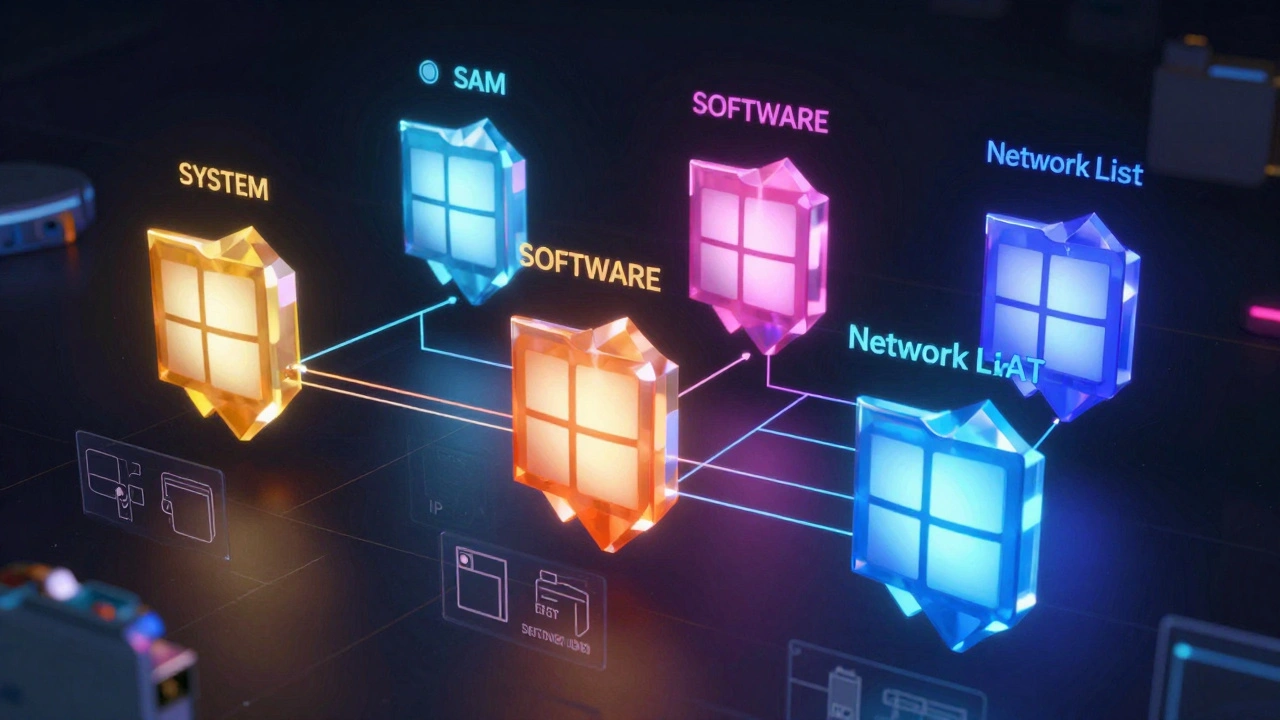 Conceptual visualization of Windows registry hives as glowing crystalline structures with data streams.